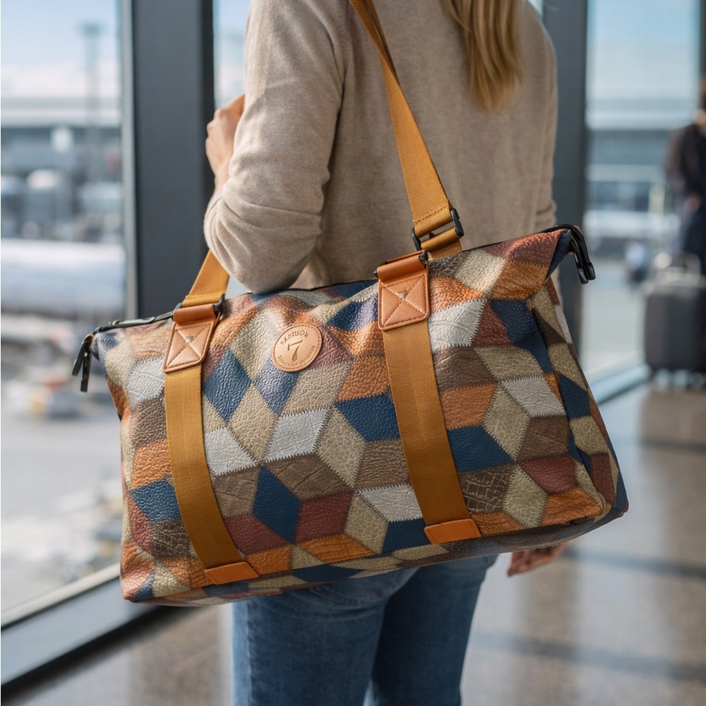 Geometric Multi-Color Weekender Bag - Leather Trim